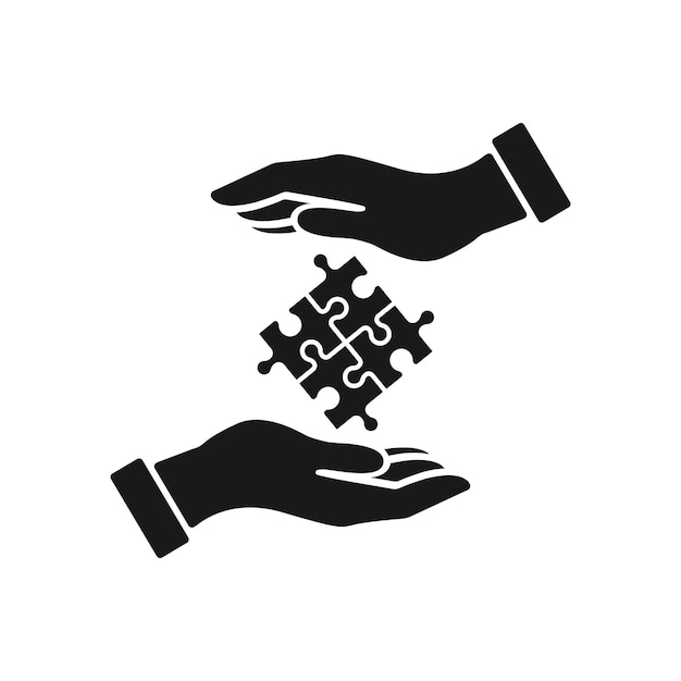 Puzzel in handen vector pictogram. Symbool van teamwork, partnerschap