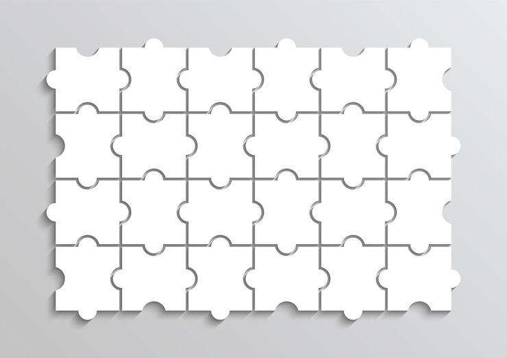 Vector puzzel snijraster jigsaw overzicht sjabloon met 24 stukjes denkspel met aparte vormen