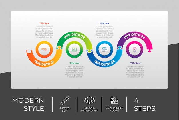 Puzzel stap infographic ontwerp met 4 stappen & kleurrijke stijl voor presentatiedoeleinden. moderne stap infographic