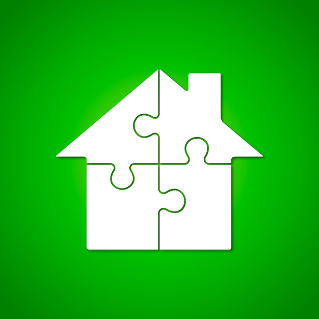 puzzel van een huis met uitsparing. Witte stukken met groene achtergrond, onroerend goed en bedrijfsconcept