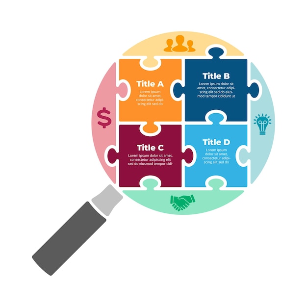 Puzzel vergrootglas teken Wetenschappelijk onderzoek Infographic Analyse zoomtool