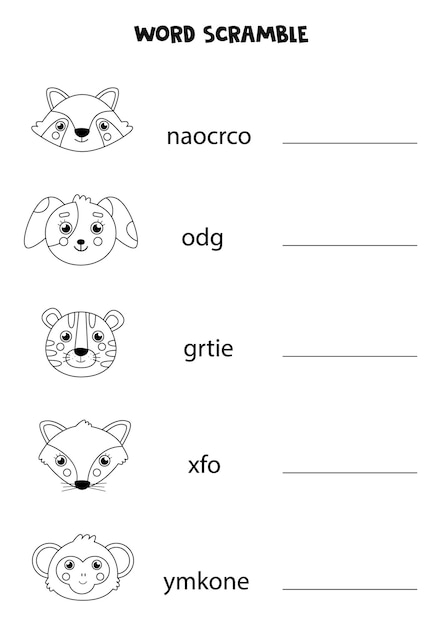 Puzzel voor kinderen. woord scramble voor kinderen. zwart-witte dieren.