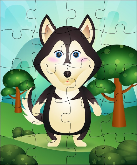 Puzzelspel voor kinderen met schattige husky hond illustratie