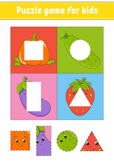 Puzzelspel voor kinderen. Snijoefening. Fruit en groenten.