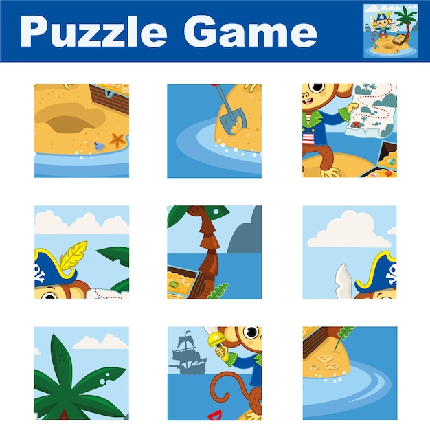 Puzzle per bambini con una scimmia pirata abbina i pezzi e completa l'immagine