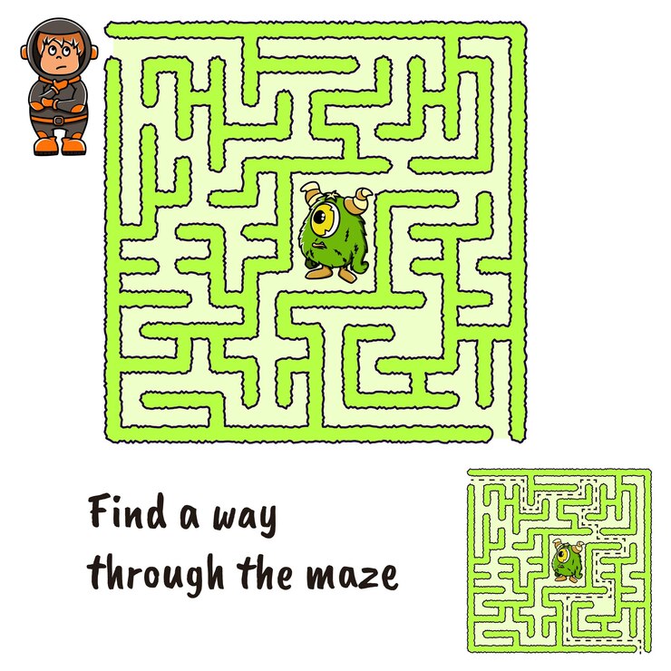Puzzle for children The labyrinth through which the astronaut has to go past the green alien