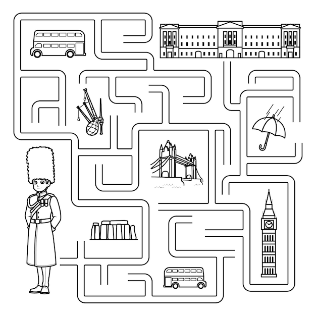 Vector puzzle for children labyrinth you need to find the guardsmans path to buckingham palace