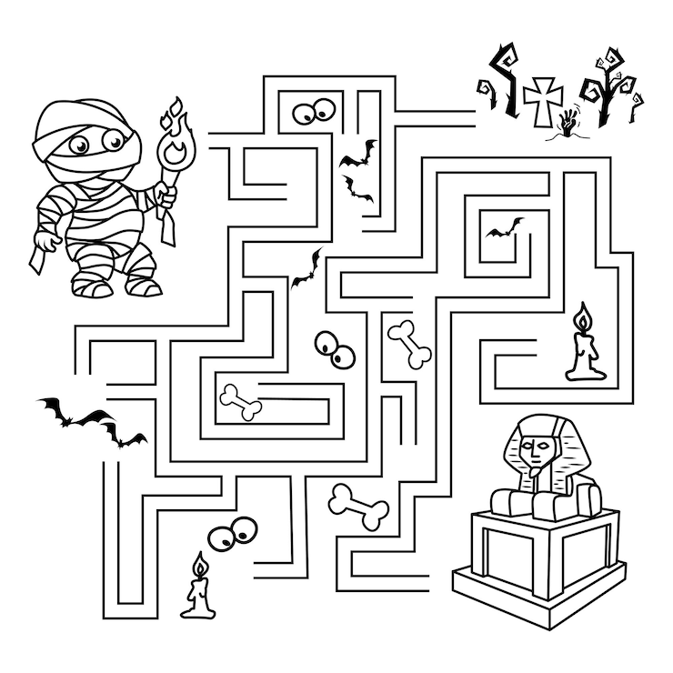 Puzzle for children Labyrinth You need to find the mummy's path to the sarcophagus Coloring book
