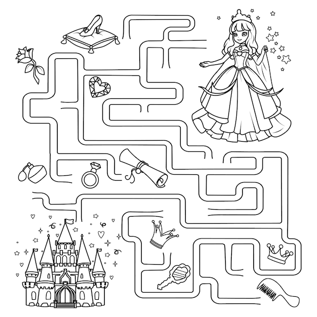 Vector puzzle for children labyrinth you need to find the princess' way to the castle coloring book