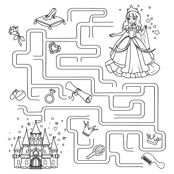 Puzzle for children Labyrinth You need to find the princess' way to the castle Coloring book