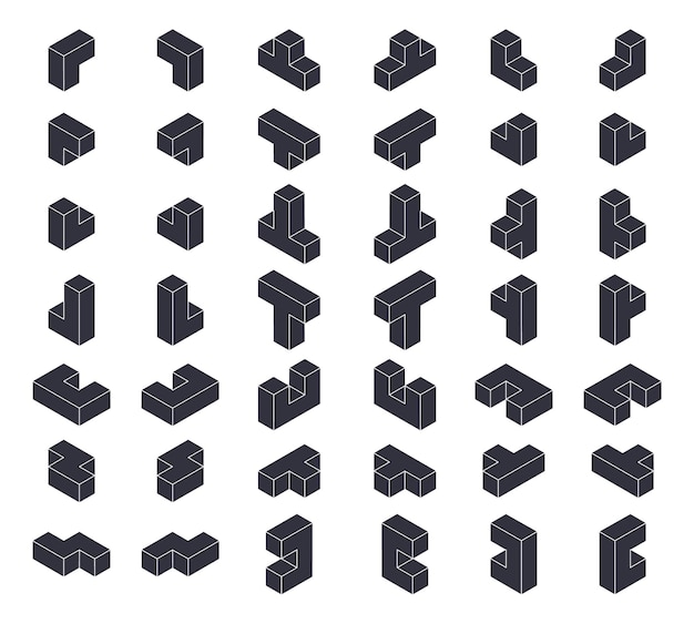 Puzzle game blocks isometric geometric shapes mosaic vector illustration set