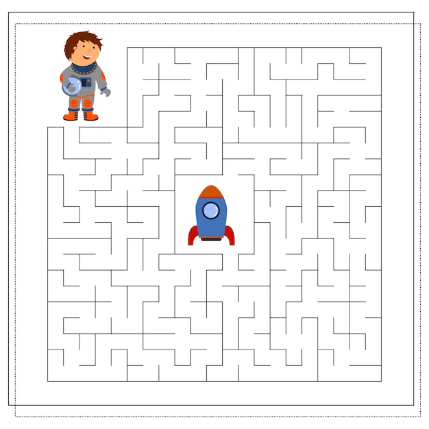 A puzzle game for children go through a maze an astronaut and a rocket