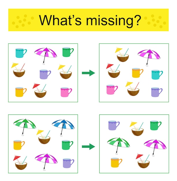 Puzzle game Find the missing object Vector illustration of mug coconut umbrella