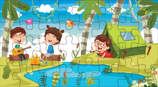 Jigsaw puzzle game with kids in park Royalty Free Vector