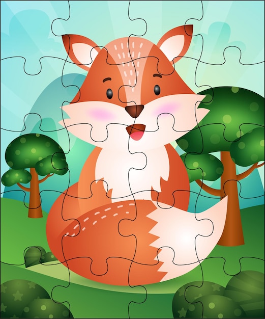 Puzzle game illustration for kids with cute fox