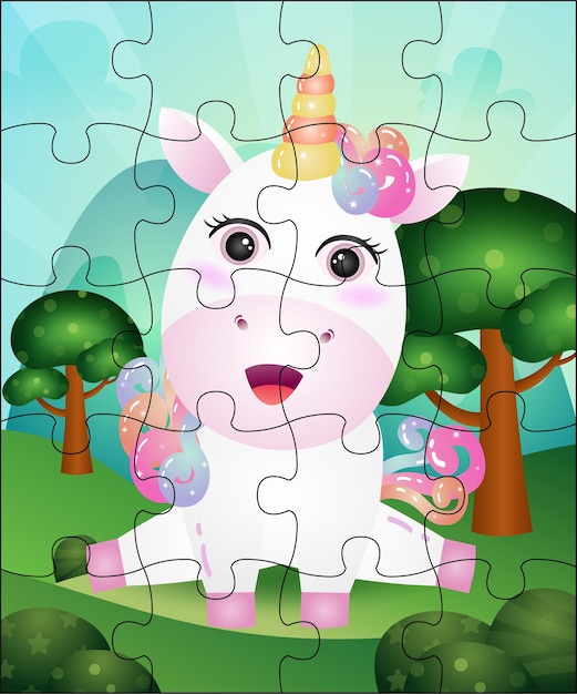 Puzzle game illustration for kids with cute unicorn