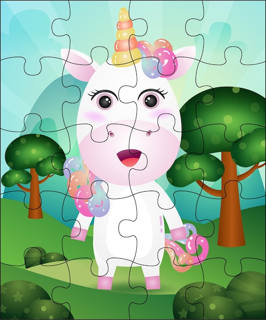 Illustrazione di gioco di puzzle per bambini con unicorno carino