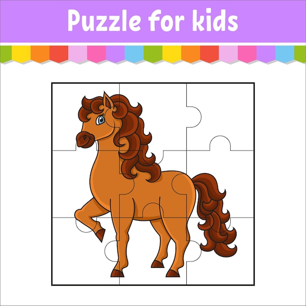 Gioco di puzzle per bambini simpatico cavallo animale da fattoria pezzi del puzzle foglio di lavoro a colori pagina attività