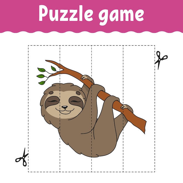 Puzzle game for kids Cutting practice Education developing worksheet Activity page cartoon character