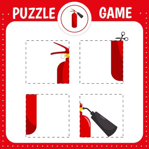 Puzzle game for kids. Cutting practice. Fire extinguisher. Developing worksheet. Activity page.