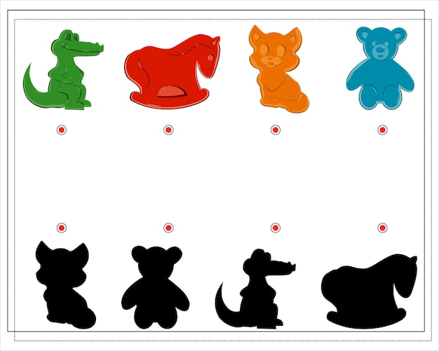 Vettore gioco di puzzle per bambini trova l'ombra giusta giocattoli di sabbia stampi di sabbia cavalluccio marino gatto granchio topo vettore