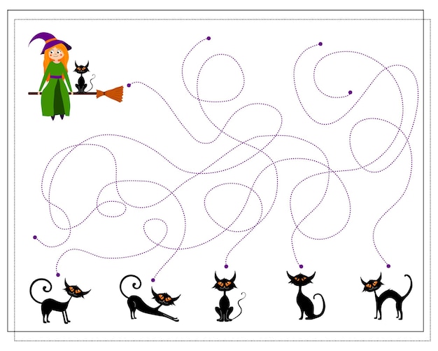 A puzzle game for kids a maze black cats and the witch Halloween