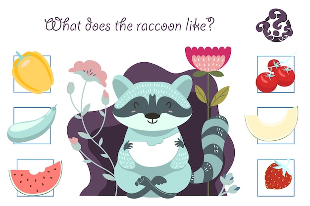 Puzzle game for preschool children What a raccoon likes Vector