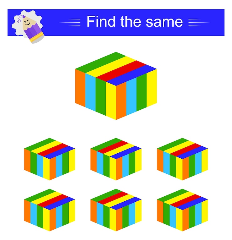 Vector puzzle game task for development of attention and logic need to find same cube vector illustration