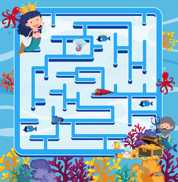 Puzzle game template with mermaids in the ocean