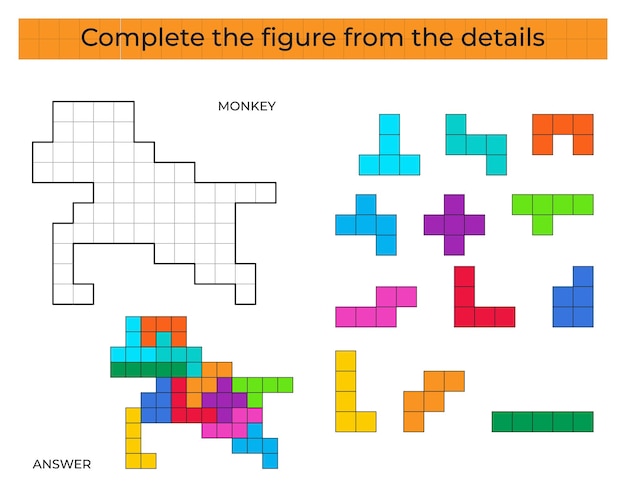 Puzzle game with Monkey. Colorful details for children. Complete figure. Education game for kids.