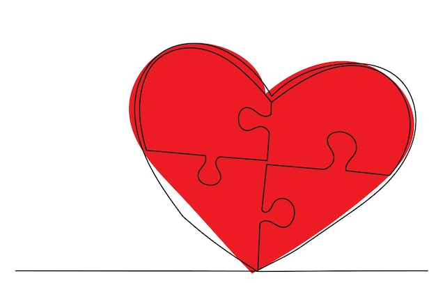 Puzzle heart sketch continuous line drawing vector