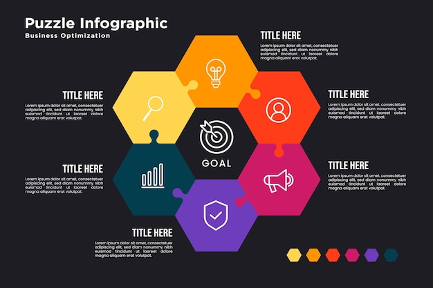 Инфографика-головоломка, связанная с оптимизацией бизнеса: 7 шагов в форме шестиугольника