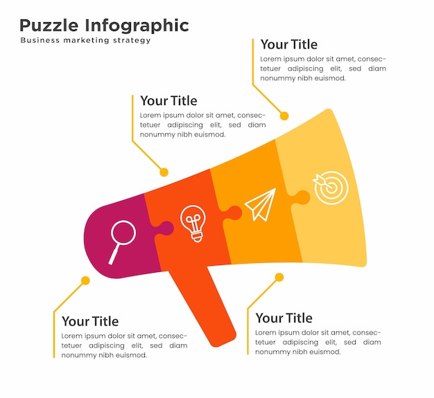 Vettore infografica puzzle relativa al marketing 4 passaggi a forma di megafono