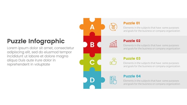 Modello di fase di puzzle jigsaw infografica a 4 punti con una lunga pila di scatole rettangolari sul layout destro con descrizione per il vettore di presentazione diapositive