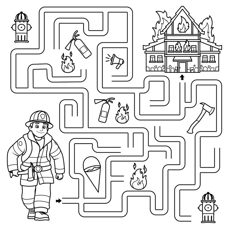Puzzle for kids Labyrinth Find the firemans way to the burning house Coloring for kids