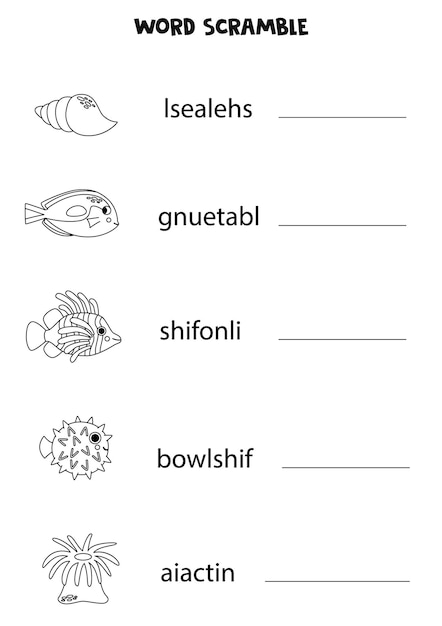 아이들을 위한 퍼즐 아이들을 위한 단어 스크램블 흑백 바다 동물