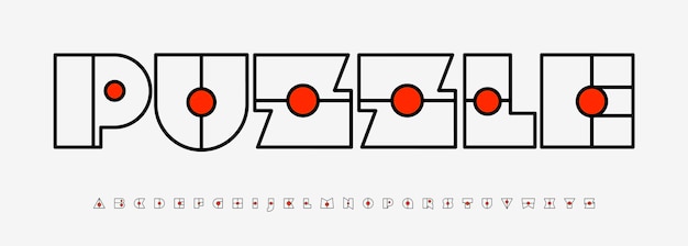 Puzzle modular alphabet outlined geometric font with red ball Typescript for creative mental game branding logicbased play typography abstract typographic gaphic design Vector typeset