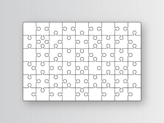 Puzzle pieces. Jigsaw grid. Thinking mosaic game with 6x9 shapes. Simple background with 54 separate details