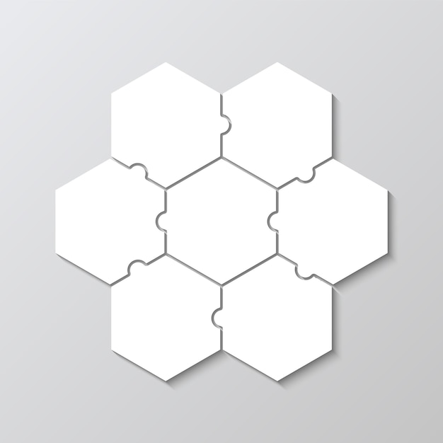 Puzzle pieces Simple scheme with separate details Hexagonal jigsaw grid Thinking mosaic game with 7 shapes