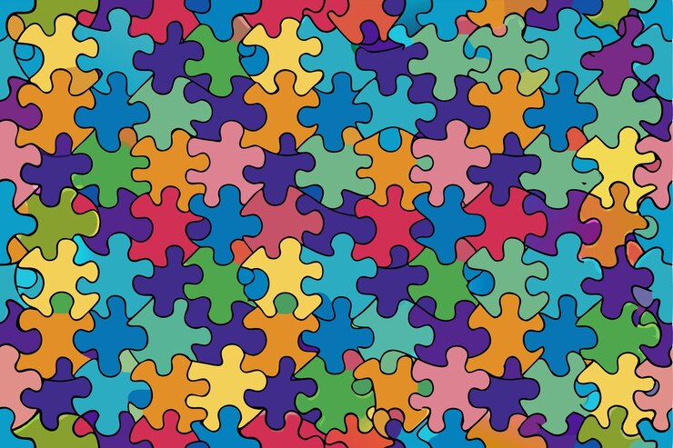 Vector puzzle pieces that are colored with blue purple and yellow