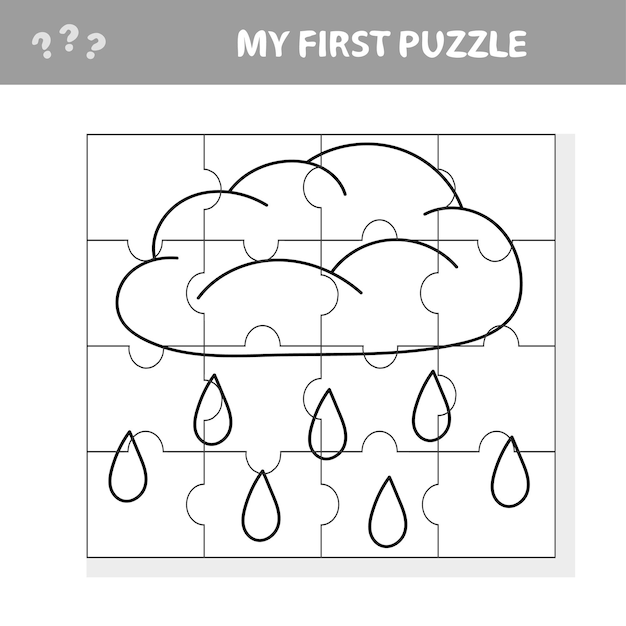 Puzzle. Rain cloud in cartoon style, education game for development of preschool children, vector illustration. My first puzzle. Coloring page