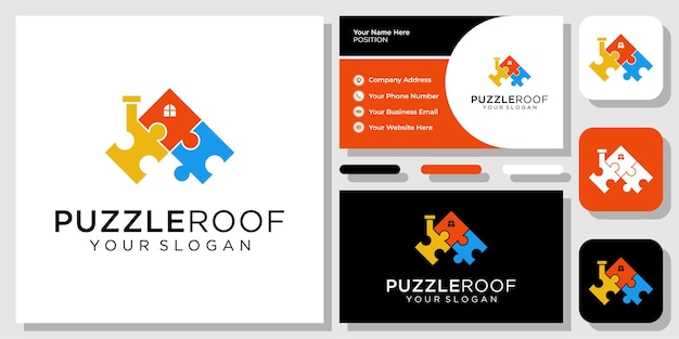 Puzzle Roof Jigsaw Home House Building Solution Toy Modern Logo Design with Business Card Template