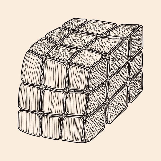 Puzzle Rubik's Cube with distorted perspective isolated on a beige background Line sketch