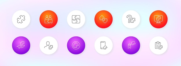 パズル セット アイコン問題を解決するパズル問題アプリケーション開発創造的で革新的な思考動機概念ネオモーフィズム ビジネスのベクトル線アイコン
