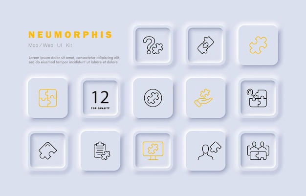 Puzzle set icon Solving problems puzzles problems clipboard application development Creative and innovative thinking Motivation concept Neomorphism style Vector line icon for Business