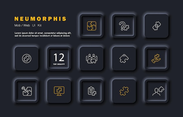 Puzzle set icon Solving problems puzzles problems clipboard application development Creative thinking Motivation concept Neomorphism style Vector line icon for Business and Advertising