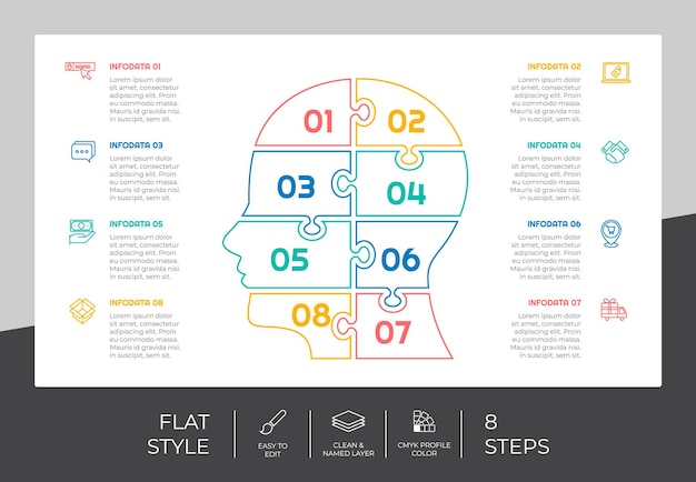 Puzzle step infographic vector design with 8 steps colorful style for presentation purposeLine step infographic can be used for business and marketing