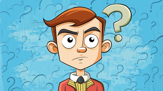 Vector puzzled cartoon man with question mark on blue background