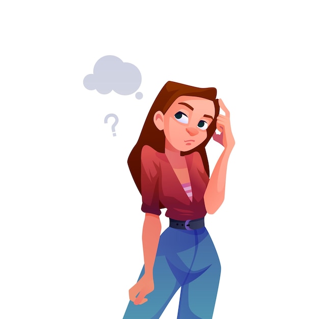 Vector puzzled and confused girl thinking on question