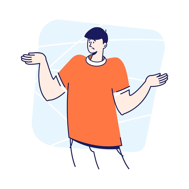 Vector puzzled confused hepless young man shrugs and doesn't know what to do
